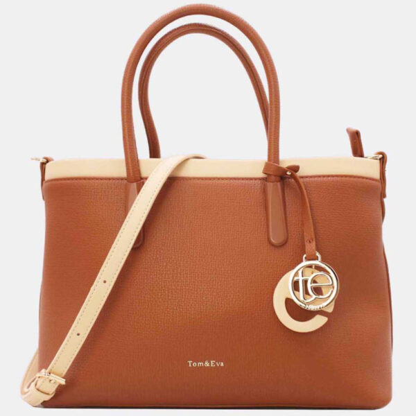 Sac Cabas Bicolore Avec Pendentif  - TOM & EVA - Marron/Abricot