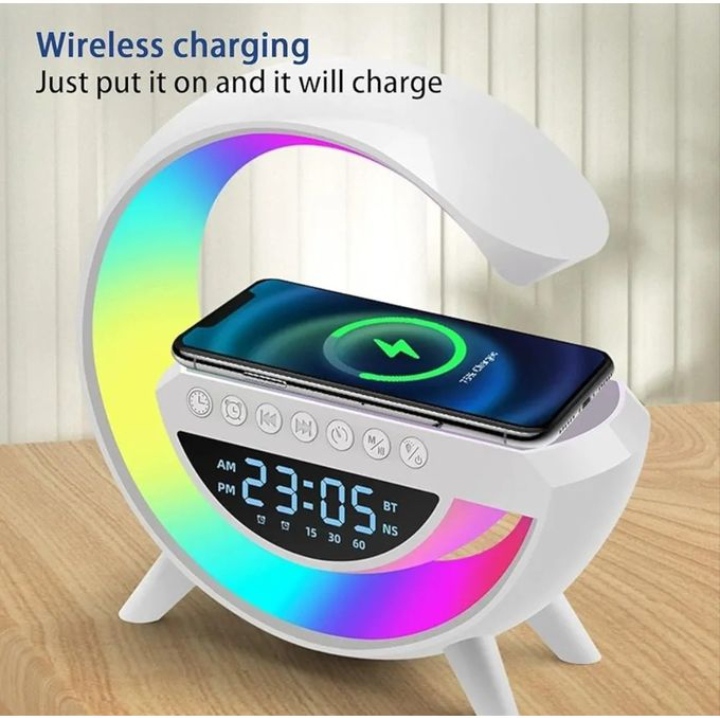 Haut-parleur Bluetooth multifonction lumineux, réveil, chargeur sans fil, lampe RVB – Image 2