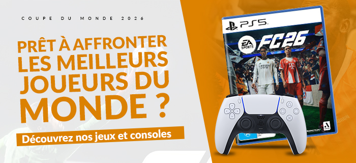 Publicité en français affichant 'PRÊT À AFFRONTER LES MEILLEURS JOUEURS DU MONDE ?' avec une PS5 et son contrôleur à droite sur fond orange et blanc, incitant à découvrir jeux et consoles.
