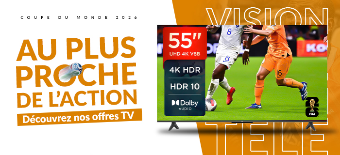 French promotional banner advertising TV offers: left side shows 'AU PLUS PROCHE DE L'ACTION' with 'Découvrez nos offres TV'; right side features a 55-inch UHD 4K TV displaying a soccer scene with on-screen specs, emphasizing a TV offer.