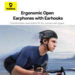 Baseus logo and product slogan: Ergonomic open-ear headphones with earhooks for a secure, comfortable fit during cycling.