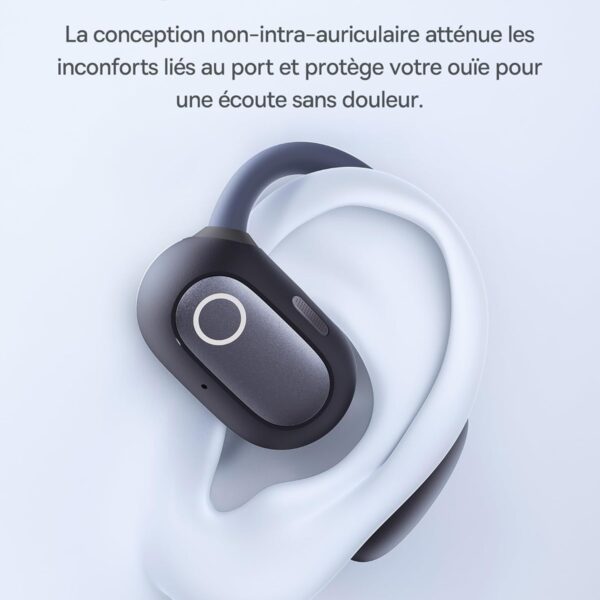 Stylized ear with an over-ear open-ear headset; French marketing text about open-ear design.