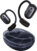 Black Bose sport wireless earbuds with ear hooks and circular LED ring, above a glossy charging case.