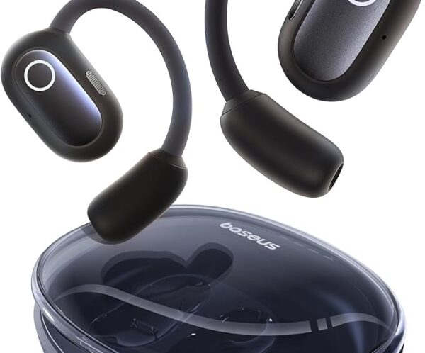 Black Bose sport wireless earbuds with ear hooks and circular LED ring, above a glossy charging case.