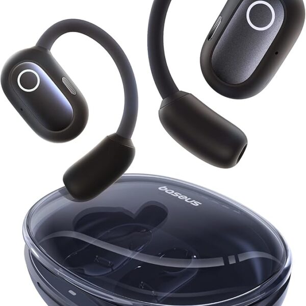 Black Bose sport wireless earbuds with ear hooks and circular LED ring, above a glossy charging case.