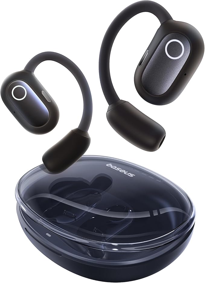 Black Bose sport wireless earbuds with ear hooks and circular LED ring, above a glossy charging case.