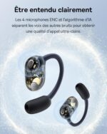 Écouteurs sans fil avec coque translucide, mettant en avant quatre microphones ENC et l’IA pour des appels clairs et sans bruit externe.