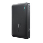 Black carbon-fiber textured power bank with four blue LED status bars on the side.