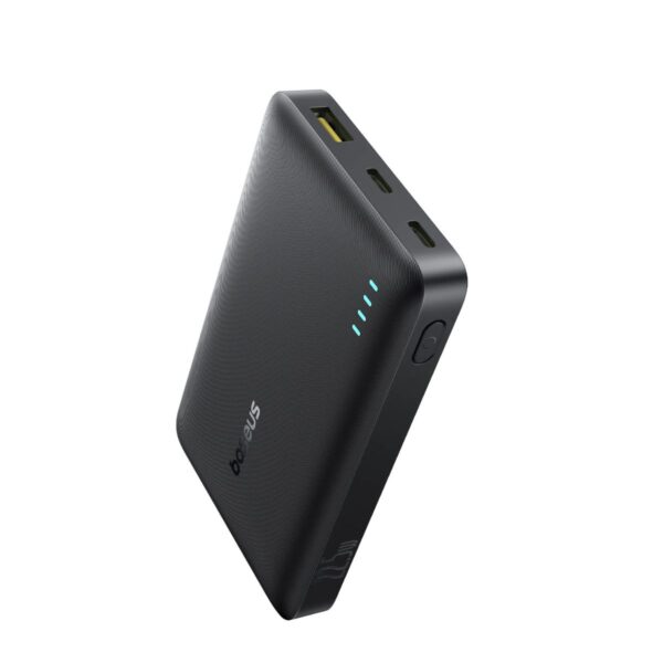 Black slim portable power bank with four blue LED indicators and a USB port on the top edge (textured surface).