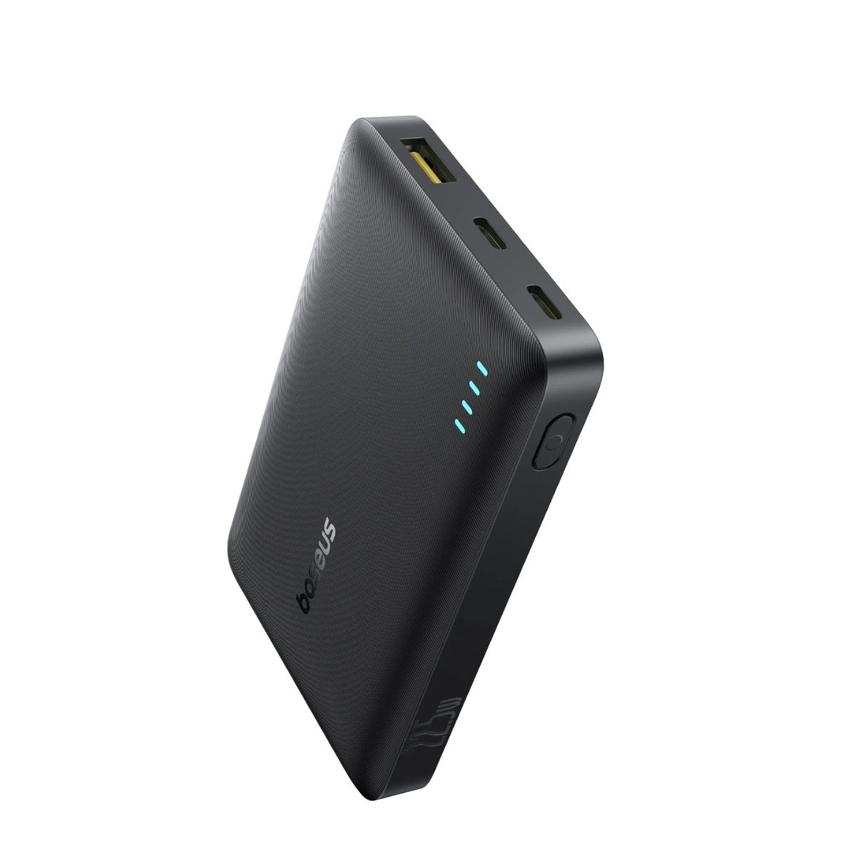 Black slim portable power bank with four blue LED indicators and a USB port on the top edge (textured surface).
