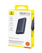 Box packaging for Baseus EnerFill FP21 10000mAh power bank with yellow accents and a product image on the front