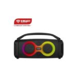 Black portable Bluetooth speaker with two rainbow RGB ring LEDs and a top handle (Smart brand).