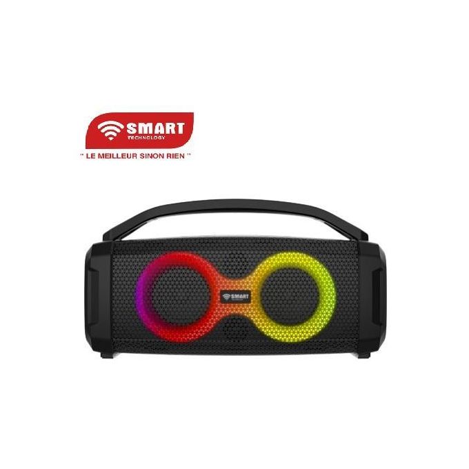 Black portable Bluetooth speaker with two rainbow RGB ring LEDs and a top handle (Smart brand).