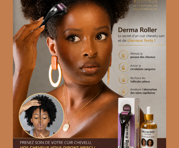 Promotional image for Naira Boutique Derma Roller: woman using a roller on her scalp with a product box and castor oil bottle beside, and an inset photo of a woman with natural hair.