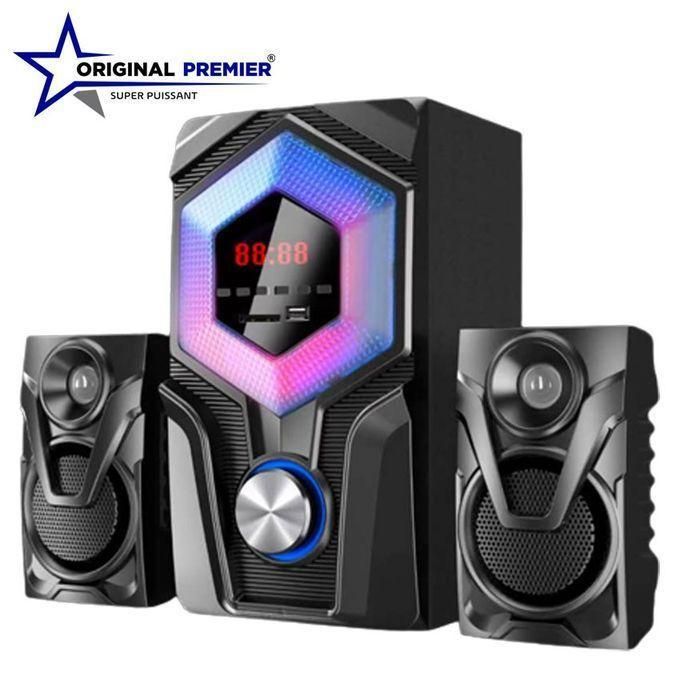1 (10) Original Premier 2.1 multimedia speaker system with a central LED-lit subwoofer and two satellite speakers, black with blue ring detail.