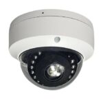 White dome security camera with a black lens and infrared LEDs around the ring
