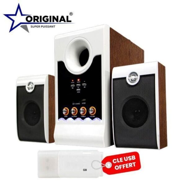 White home stereo system with a central speaker and two brown wood-grain satellite speakers; foreground USB drive with a red tag reading 'CLE USB OFFER' and a brand logo in the top-left corner.