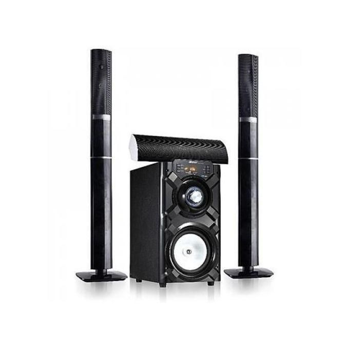 1 (14) Black home theater speaker system with a central subwoofer, two tall floor speakers, and a curved soundbar resting on top.