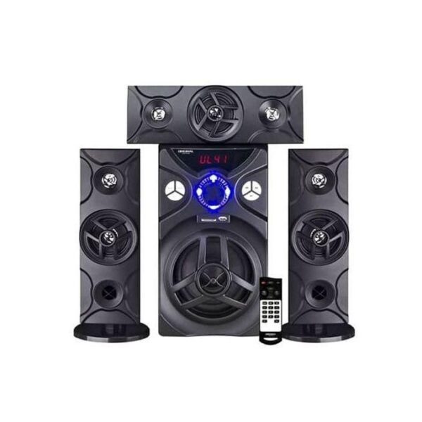 Five-piece home theater speaker set with central subwoofer, two tall satellites, a top bar speaker, blue display, and remote.