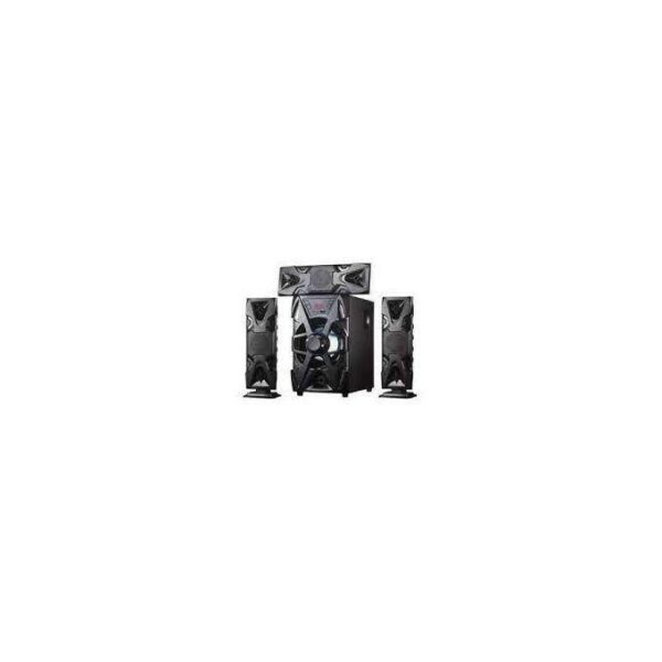 Black 5.1 surround sound speaker system with a central subwoofer, two tall front speakers, and two smaller satellite speakers.