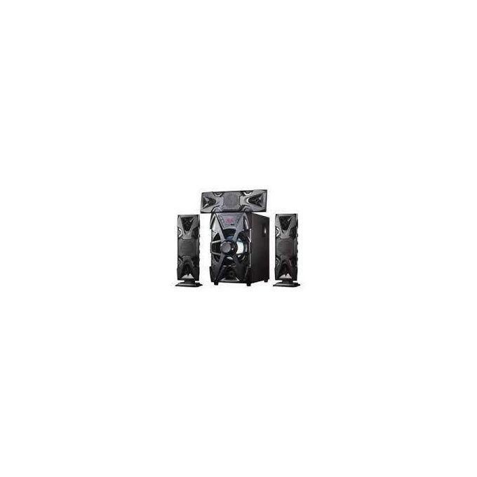 1 (16) Black 5.1 surround sound speaker system with a central subwoofer, two tall front speakers, and two smaller satellite speakers.