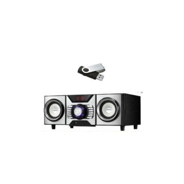USB flash drive hovering above a black and silver home stereo speaker system with a central display and two satellite speakers
