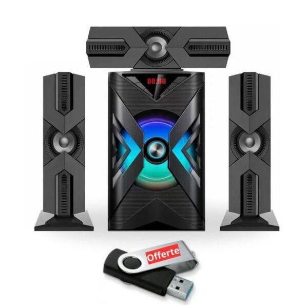 Three-piece tower speaker system with a central subwoofer and two satellite speakers, plus a USB drive labeled 'Offerte'.
