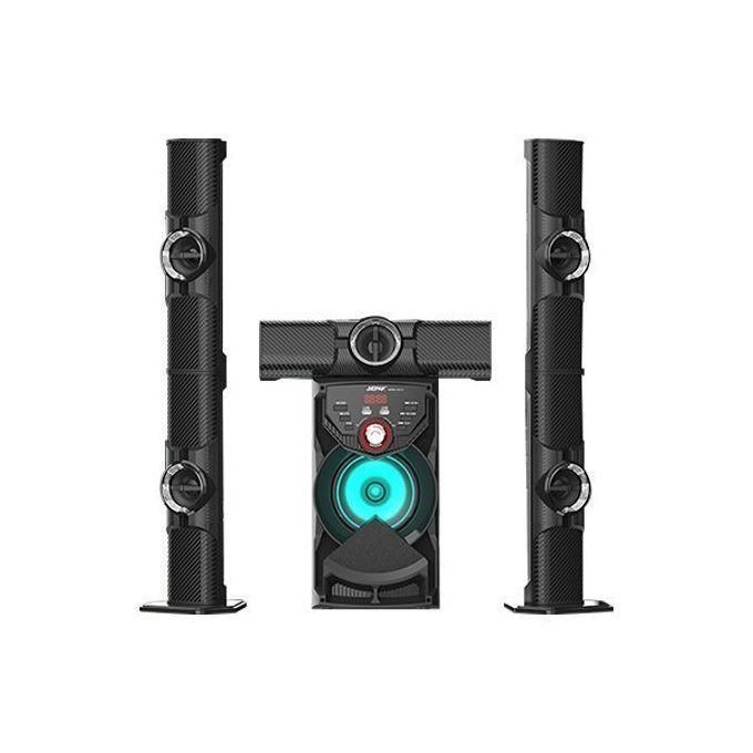 1 (19) Three-piece multimedia speaker system with a central subwoofer and two tall satellite speakers on either side, viewed head-on.