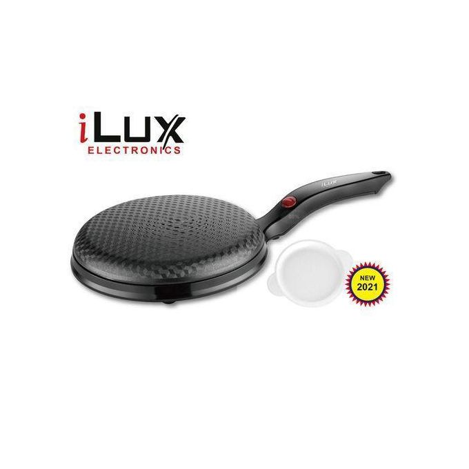 1 (2) iLux Electronics round nonstick electric pancake/crepe maker with a black handle and batter cup, NEW 2021 badge.