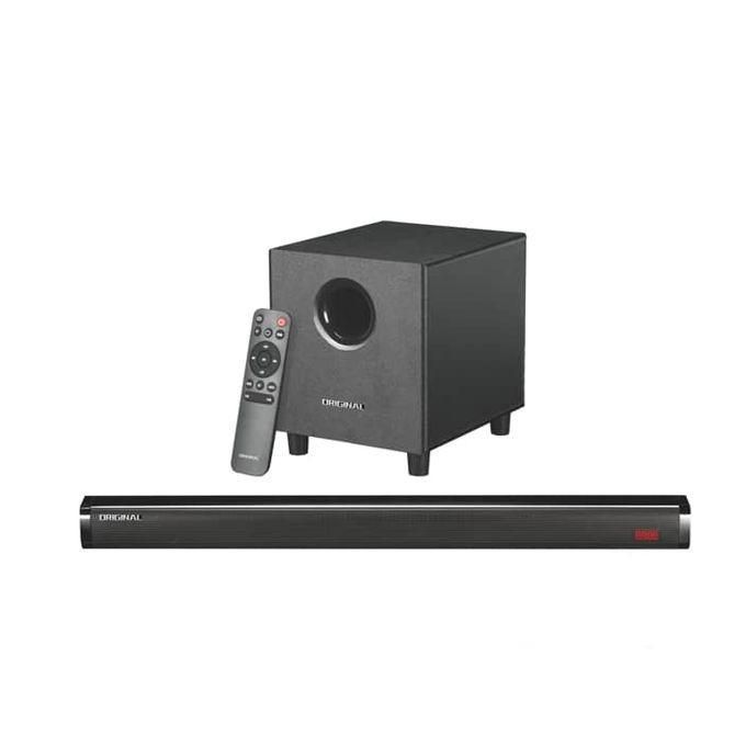 1 (21) Soundbar with a separate subwoofer and a remote control for home theater audio.