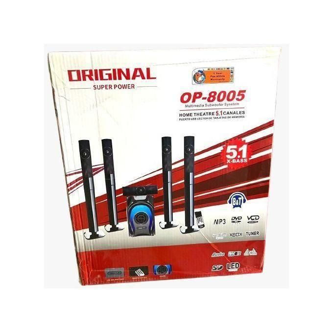 1 (22) Box for OP-8005 5.1-channel home theater system with five tall black speakers and a blue subwoofer, plus playback icons on the packaging (Original, Super Power).