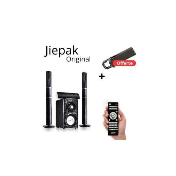 Promotional image: Jiepak Original home theater speakers with two satellites and subwoofer, plus a USB drive labeled Offerte and a hand holding a remote.