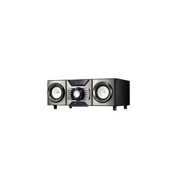 Black stereo speaker system with two outer speakers and a central control unit.