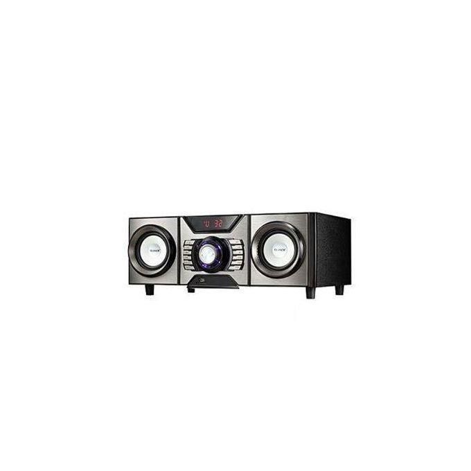 1 (24) Black stereo speaker system with two outer speakers and a central control unit.