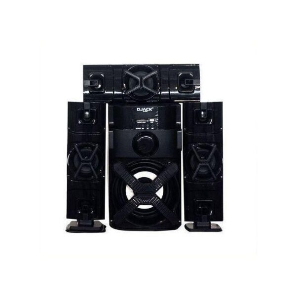 Black 5-piece home audio speaker system with a central subwoofer and four satellite speakers, all in a glossy black finish (DJACK brand).