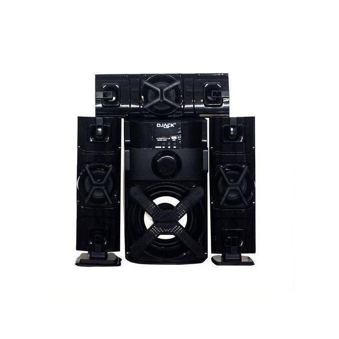 1 (25) Black 5-piece home audio speaker system with a central subwoofer and four satellite speakers, all in a glossy black finish (DJACK brand).