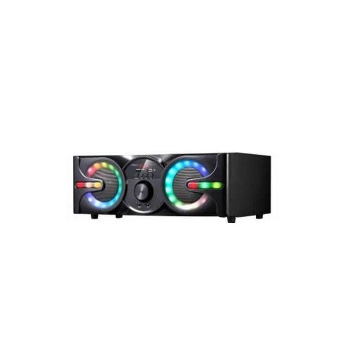 1 (26) Black stereo speaker with two RGB LED-lit circular drivers and a central control knob, on a white background, portable party speaker