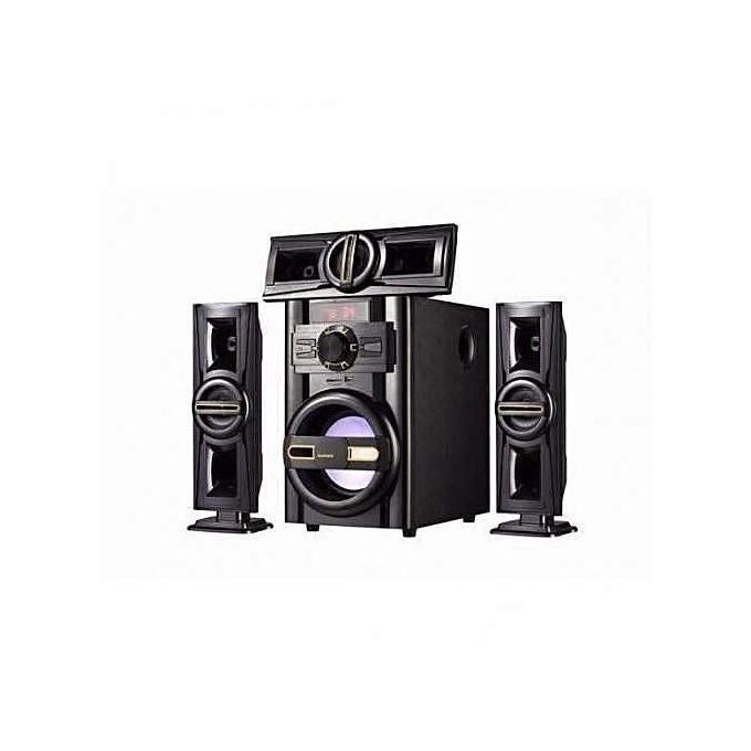 1 (27) Home theater system with a central unit, large subwoofer, and two tall surround speakers in black.