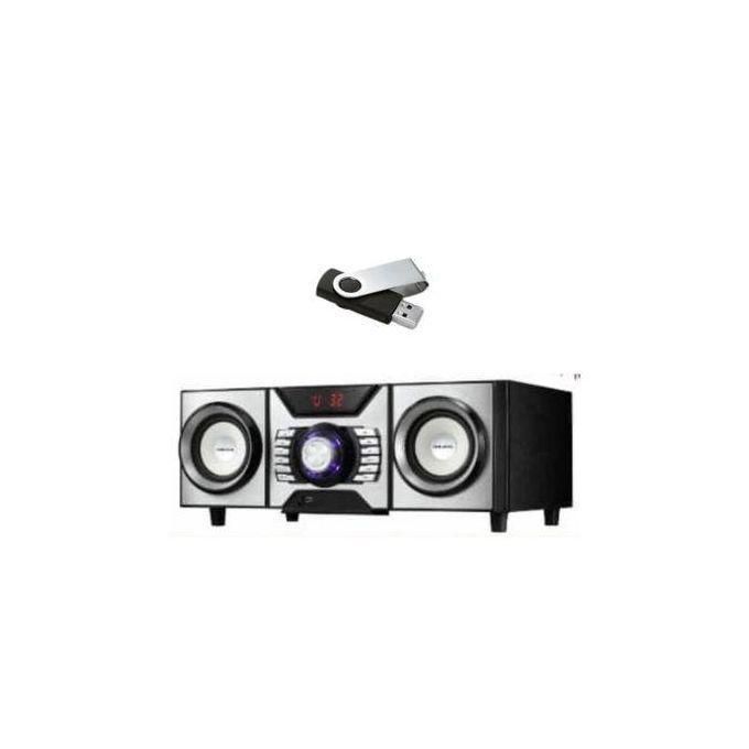 1 (28) Desktop USB speaker system with two satellites and a central control unit; a USB flash drive is shown above the speakers.