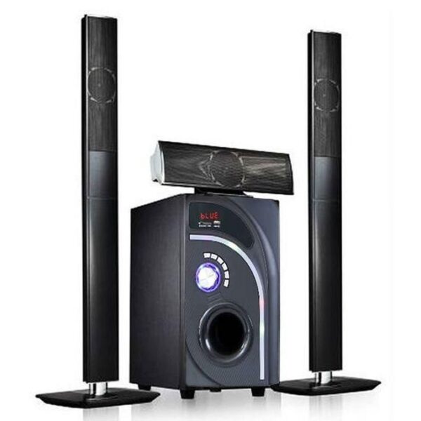 Home theater speaker system with a central subwoofer and two tall floor-standing speakers