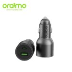 Oraimo dual-USB car charger in metallic gray with USB-C and USB-A ports for in-car charging (logo visible)