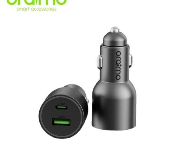 Oraimo dual-USB car charger in metallic gray with USB-C and USB-A ports for in-car charging (logo visible)