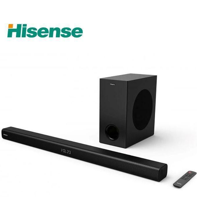 1 (30) Hisense logo top left with a black soundbar, wireless subwoofer, and remote on a white background.