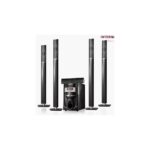 Five tall black floor-standing speakers arranged around a central subwoofer and AV receiver, forming a home theater speaker system.
