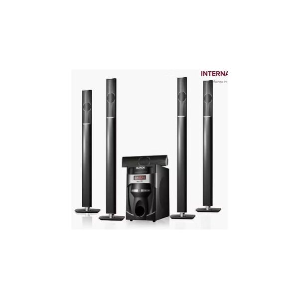 Five tall black floor-standing speakers arranged around a central subwoofer and AV receiver, forming a home theater speaker system.