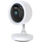 White dome-style security camera on a pedestal stand, facing forward.