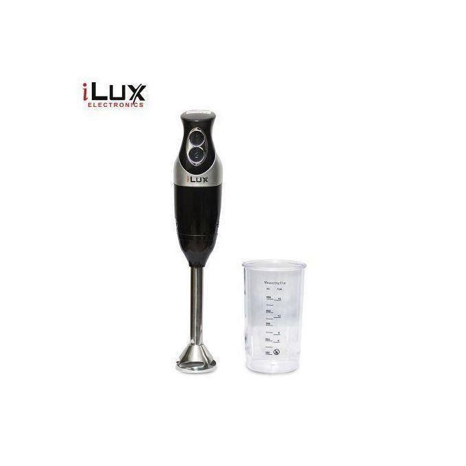 1 (8) iLux handheld blender with blending shaft and accompanying measuring cup, white background