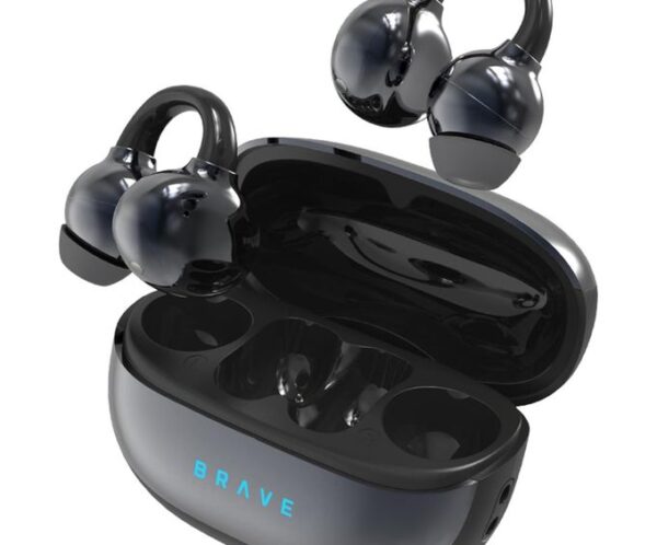Open charging case with glossy black wireless earbuds inside, brand BRNE visible on the case