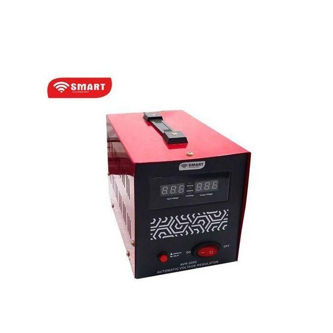 Red SMART automatic voltage regulator with a black front panel, dual digital displays, and a red power switch on top.