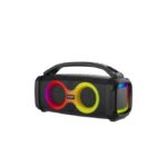 Portable Bluetooth speaker with RGB LED rings and a carrying handle.